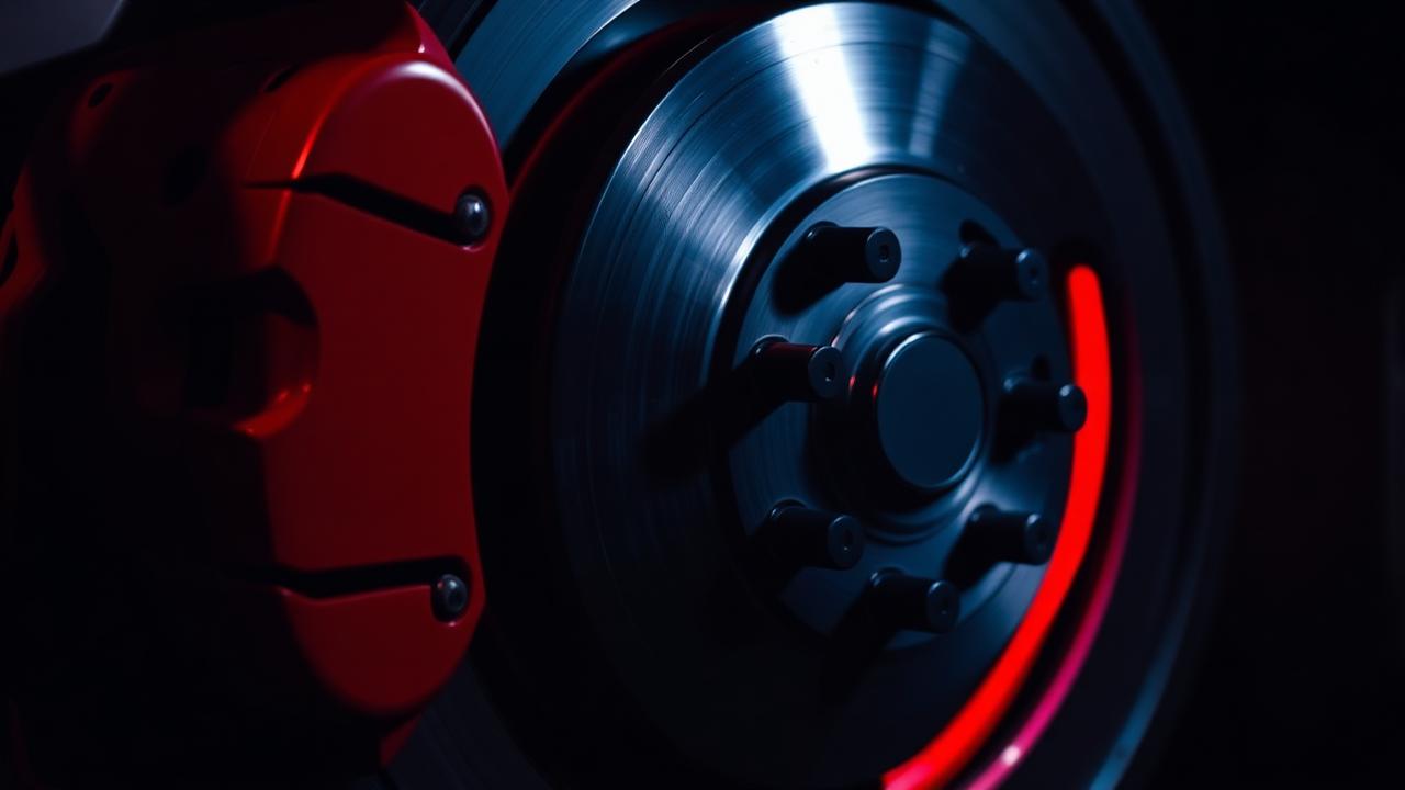 Close-up of a car brake disc and red caliper