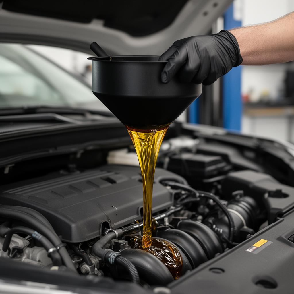 Fresh engine oil being poured into a car engine