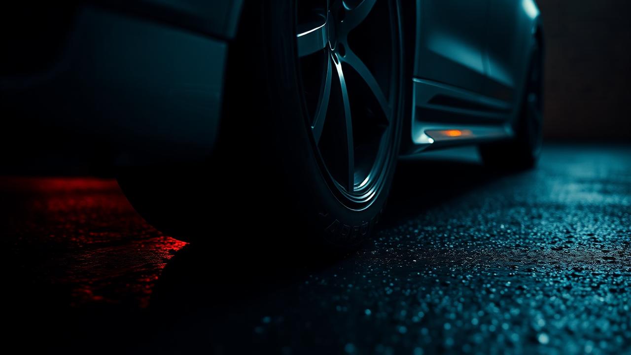 Close-up of a performance car tyre on wet asphalt